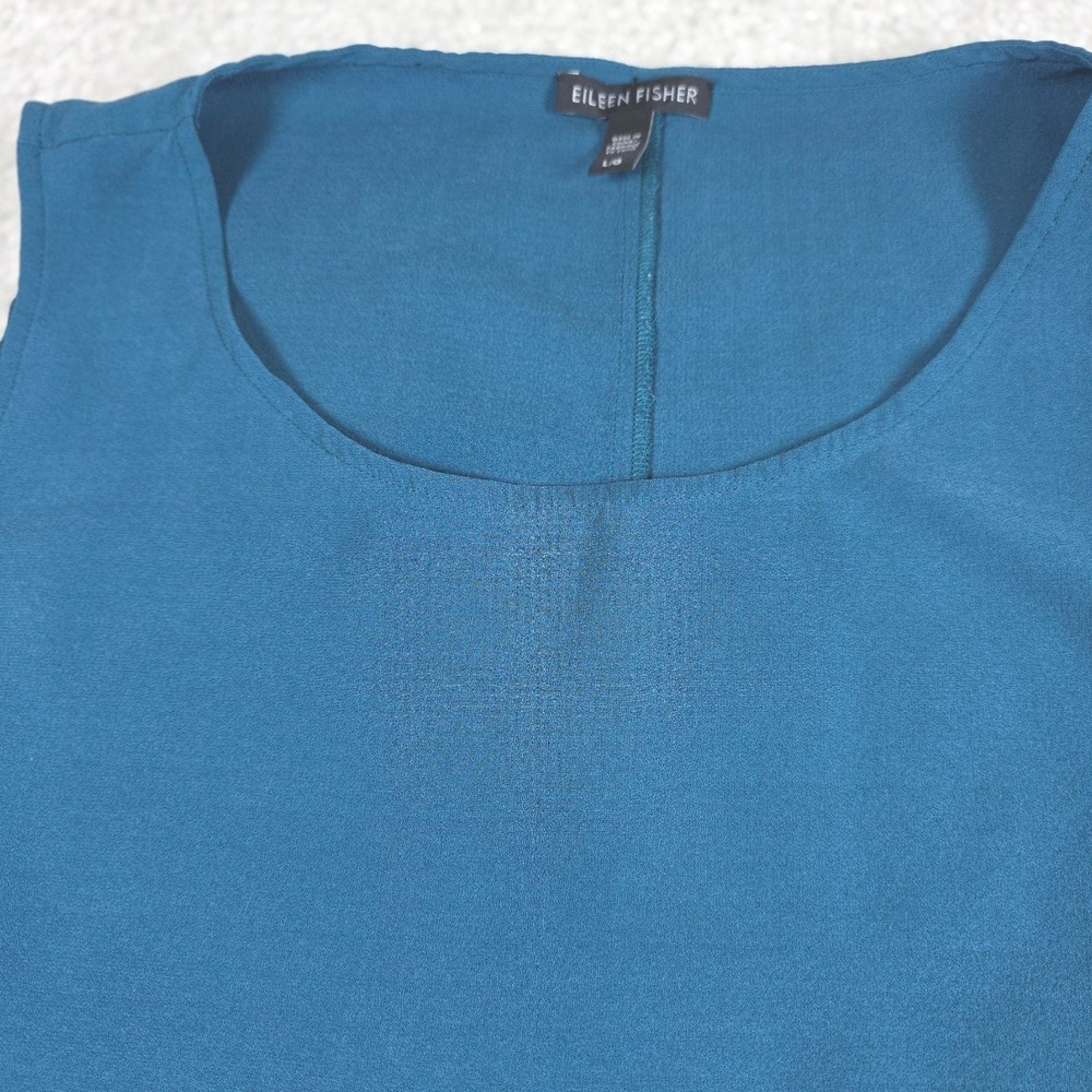 Eileen Fisher Tank Top Womens Large Teal Blue Crepe Scoop Neck High Low Hem